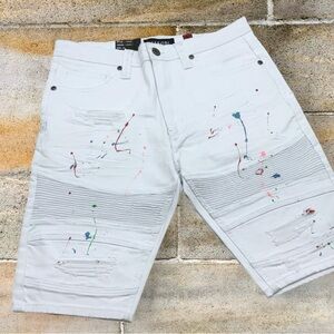 Men's Makobi White Hand-Painted Denim Shorts NWT